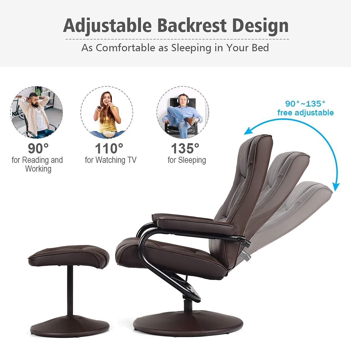WATERJOY Swivel Recliner Chair, PU Leather Lounge Armchair Recliner, 360 Degree Swivel Overstuffed Padded Seat Chair with Footrest Stool Ottoman Set for Office Living Room Brown