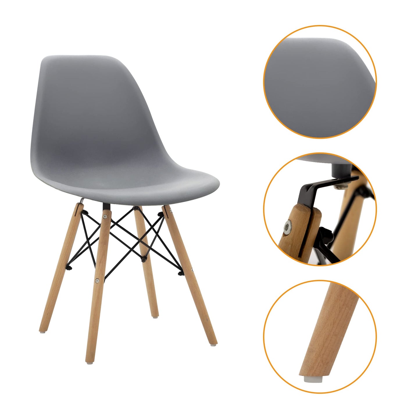 CangLong Modern Mid-Century Shell Lounge Plastic Natural Wooden Legs for Kitchen, Dining, Bedroom, Living Room Side Chairs, Set of 1, Grey