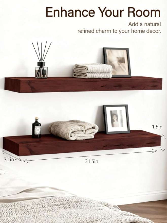 Solid Wood Floating Shelves, 31.5in Finished Real Wood Wall Shelves