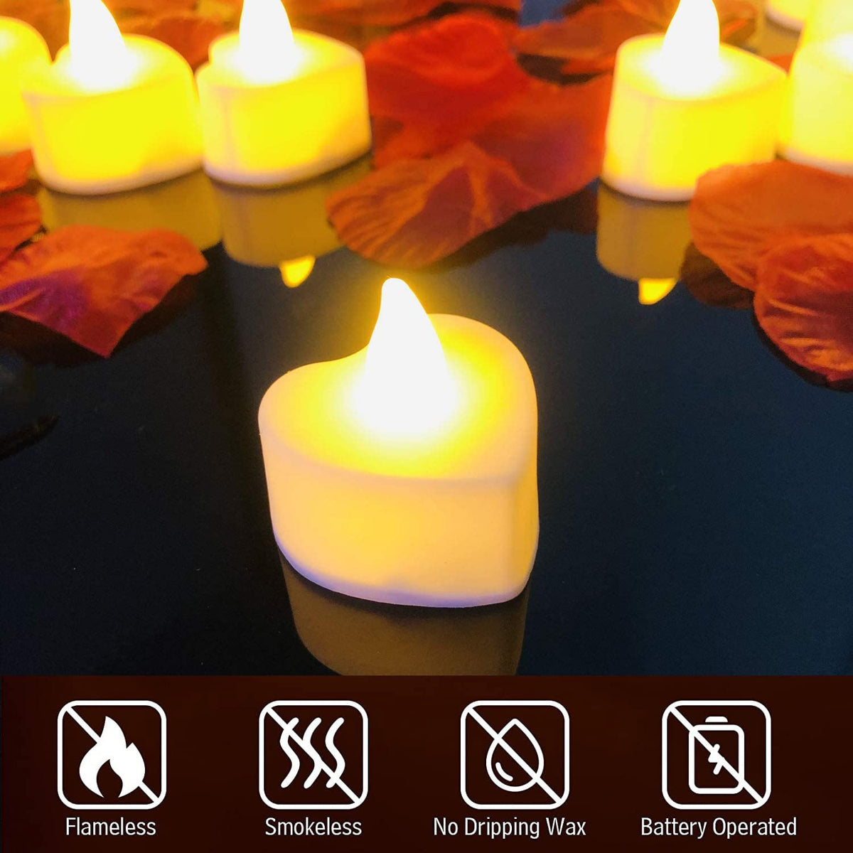 1000 Pieces Artificial Red Rose Petals with 24 Pieces Heart Romantic Flameless LED Tea Light Candles for Special Night, Love Candle for Valentine's Day, Anniversary Decorations, Party Decor