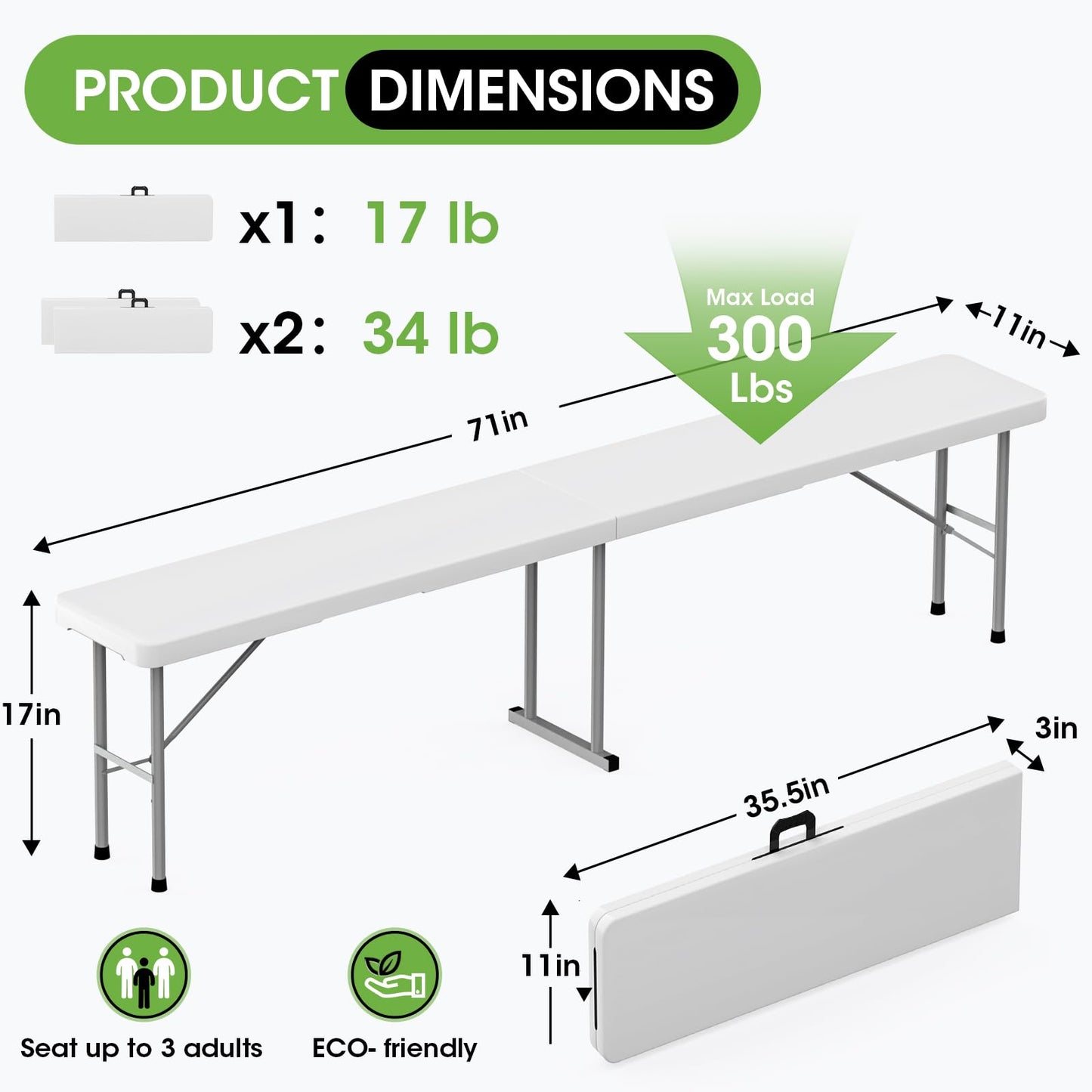 HLPB Folding Bench 6 ft, Foldable Plastic Bench with Handle and Smooth HDPE Tabletop, Protable in/Outdoor Picnic Party Camping Dining Seat, 2 Pack, White