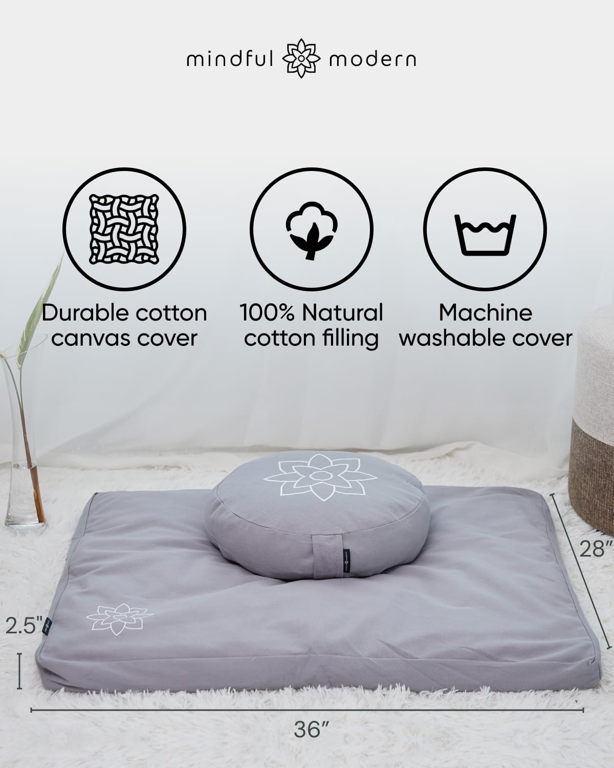 Mindful Modern Zabuton Meditation Mat - Cotton Filled Yoga and Meditation Pad - Zabuton Meditation Cushion for Kneeling and Sitting Support - Large Rectangular Sitting Floor Pillow for Bench or Zafu