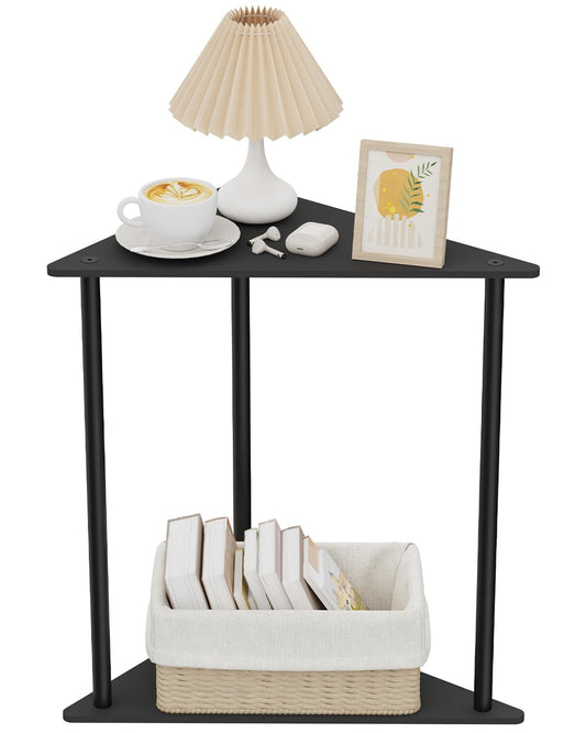 Yawinhe Metal Side Table,Triangle End Table with 2-Tier Storage Shelves,Triangular Nightstand Bedside Table for Small Spaces,Small Triangle Coffee Table for Living Rooms,Bedrooms,Black, SZJ202B-1