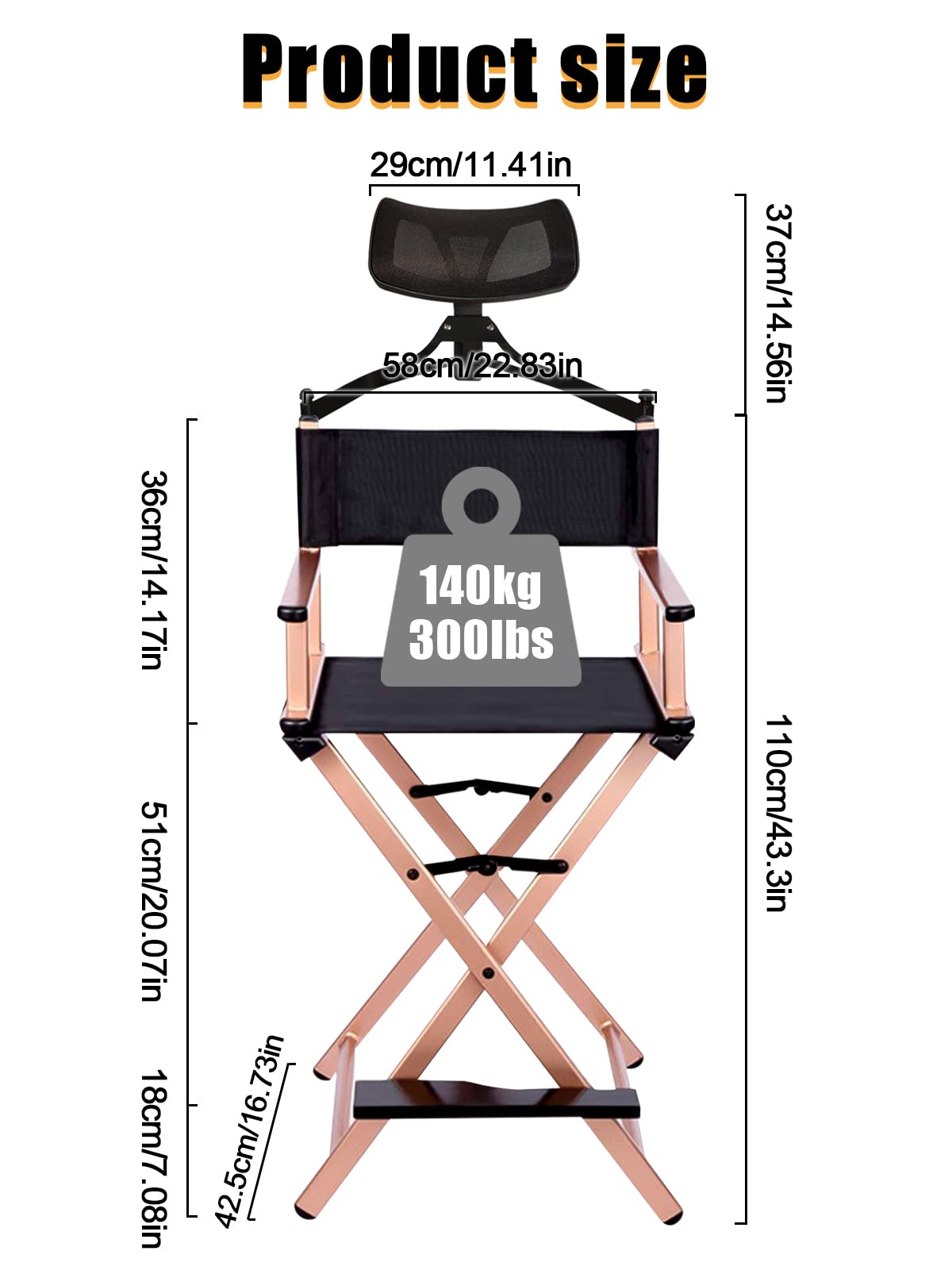Lorvain Folable Makeup Artist Stool Chair, Protable Tall Folding Directors Chair, Aluminum Makeup Chair with Head Rest for Studio Salon Vanity, Bar Height - Gold Chairs