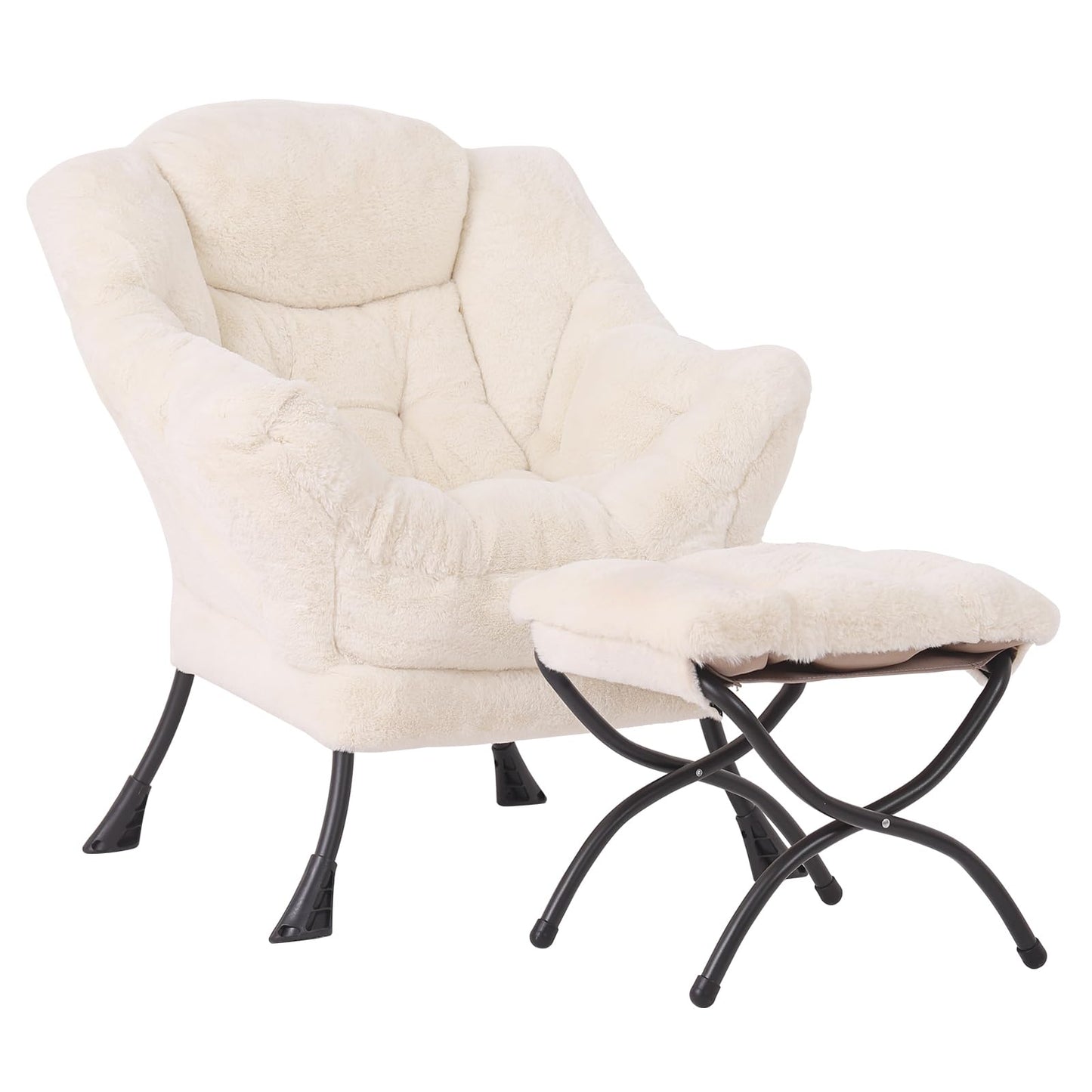 SESHINELL Lazy Chair with Ottoman, Modern Accent Chair Sofa Chair with Armrests, Reading Chair and Folding Footstool for Living Room, Bedroom, Office, Plush Beige