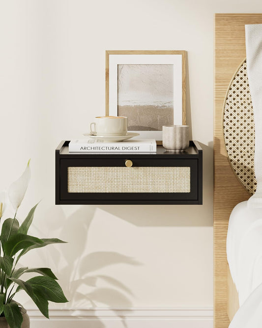 AEPOALUA Floating Nightstand,Wall Mounted Night Stand with Drawer,Small Floating Shelves,Floating Wood Bedside Table for Bedroom、Living Room、Bathroom (Bohemian, Black.)