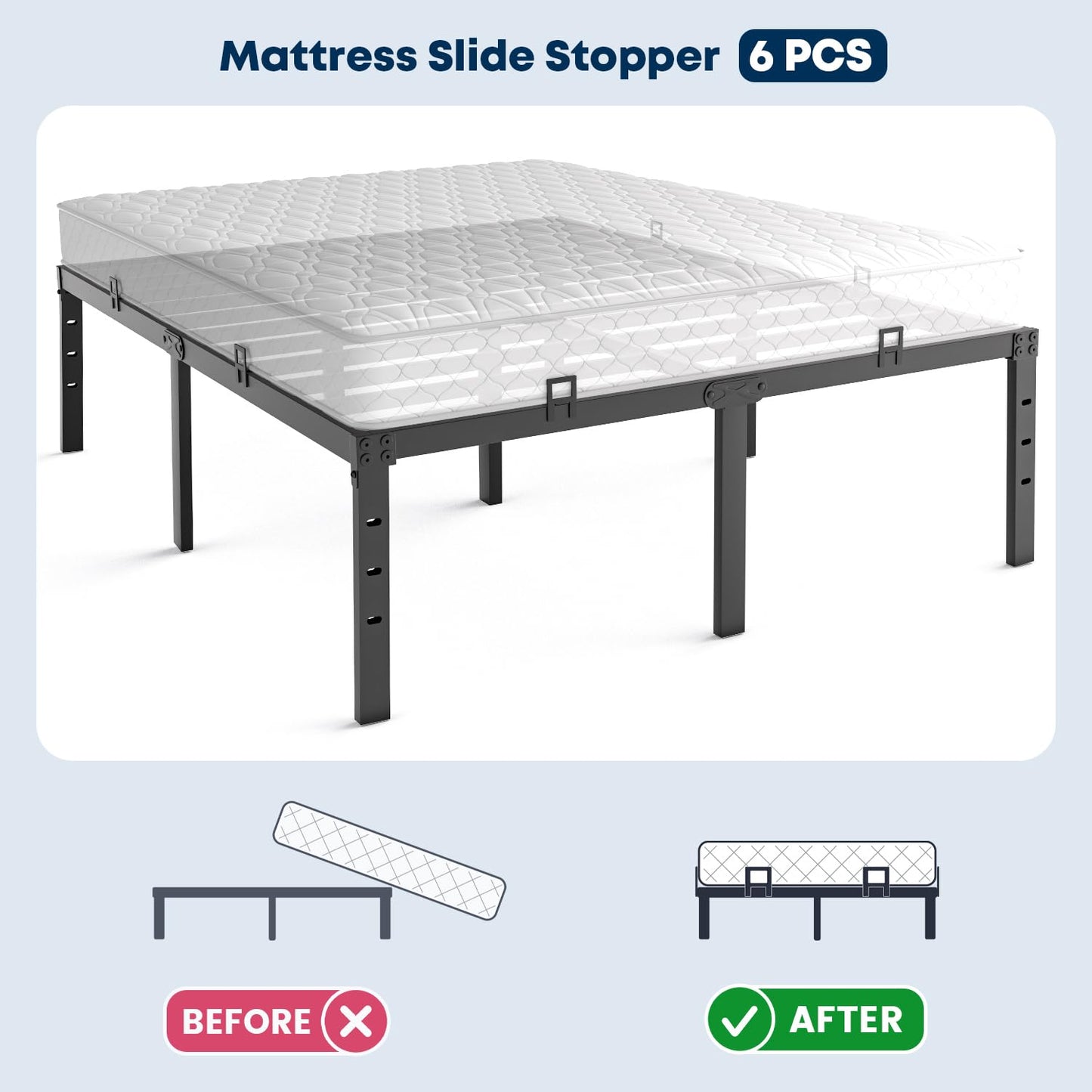 SUYAUU Non Slip Mattress Gaskets, Mattress Holder in Place Gripper for Metal Bed Frame, Keep Mattress from Sliding Gripper, Adjustable, 6 PCS, Black