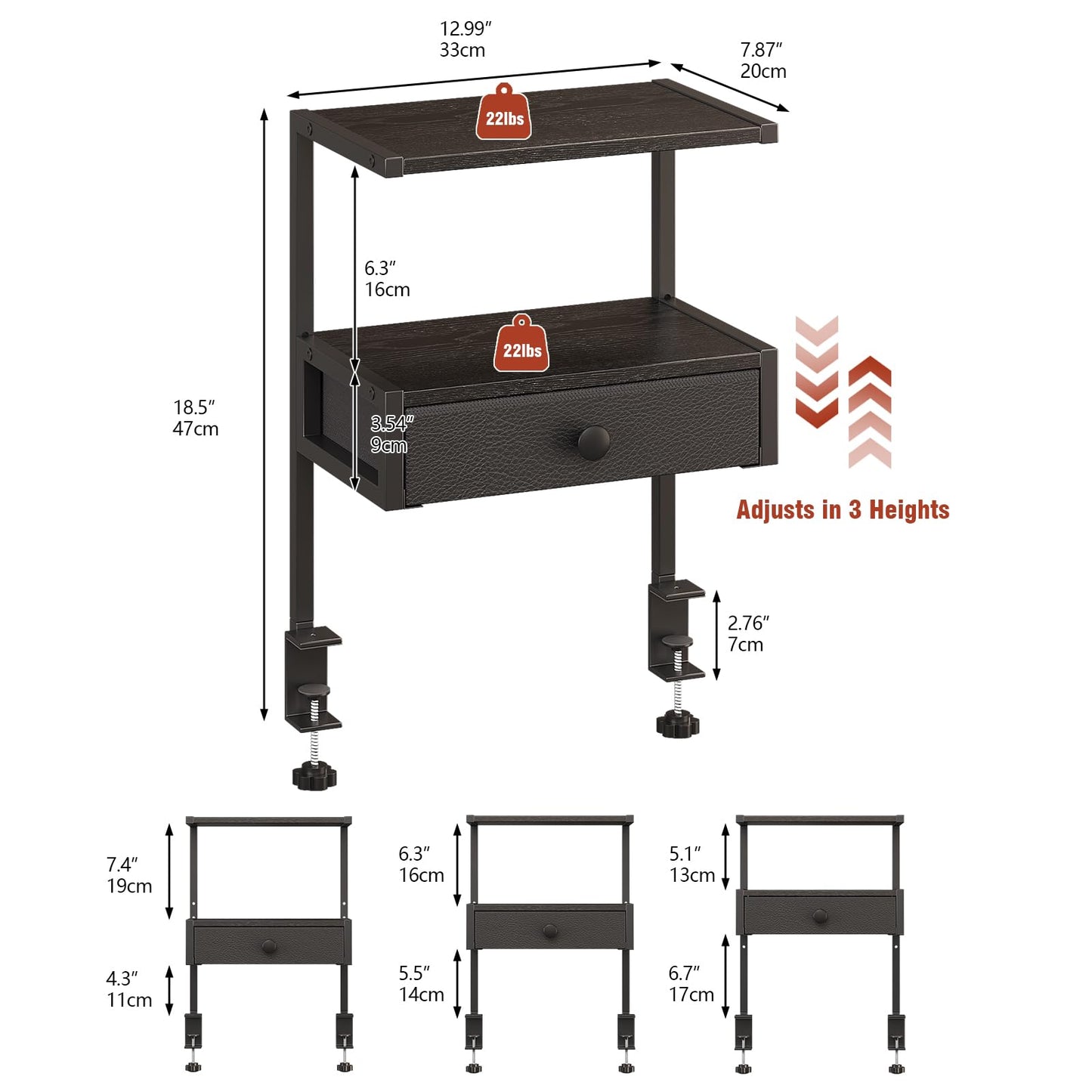VENNQD Clamp On Desk Shelf, 2-Tier Desktop Organizer, Wood Desktop Supplies Tabletop Book Storage Rack with Adjustable Shelves for Table Working and Gaming Accessories, Black