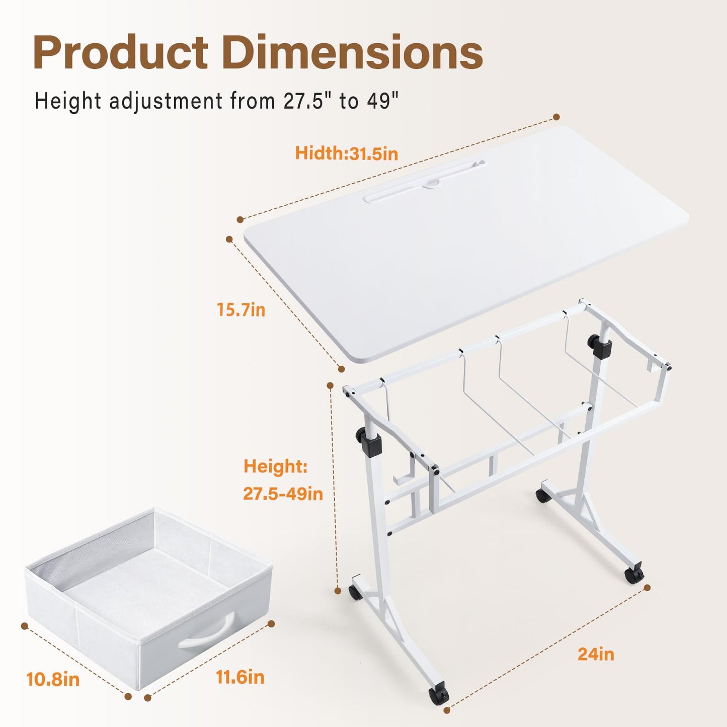 PapeFolicer Small Standing Desk for Walking Pad with Drawers, 27.6"-49.2" Adjustable Folding Standing Desk, 32in Portable Standing Desk on Wheels, Rolling Desk for Home/Classroom/Office, White