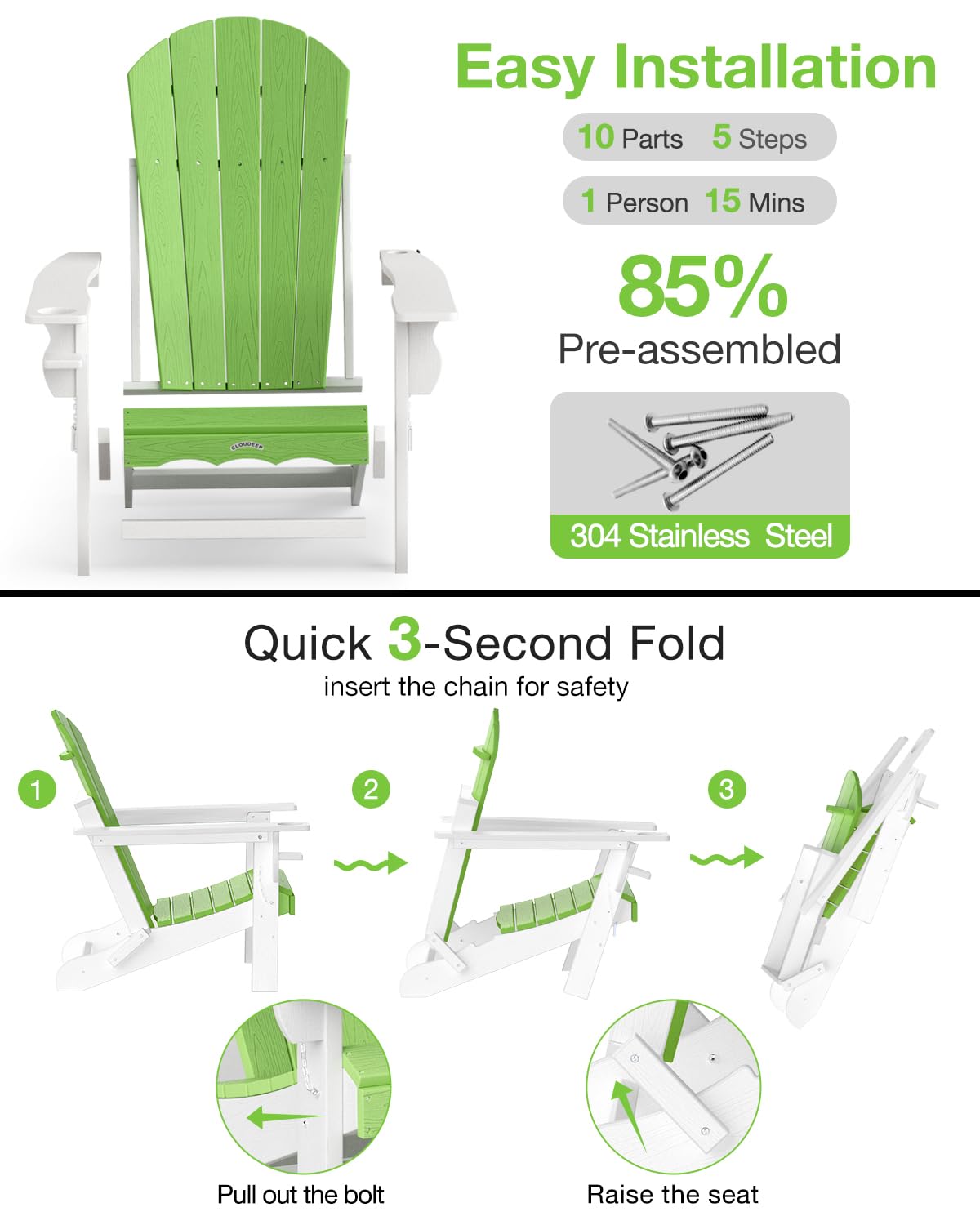 Folding Adirondack Chair –Recyclable HDPE Outdoor Adirondack Patio Chair with Cup Holder, Wood Texture & Umbrella Hole, 25-Year Fade-Free All Weather for Fire Pit, Porch, Poolside, Deck, Lime & White