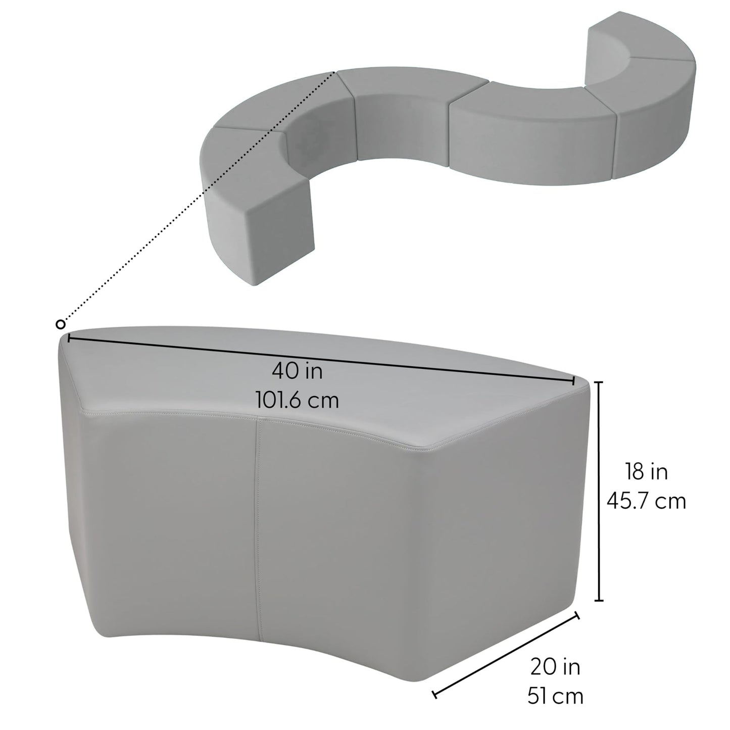 FDP Pro Series Upholstered Configurable S-Curve Accent Ottoman Seating Set (18" H) Collaborative Commercial Furniture for Hotel Lobby, Office, Restaurant, Waiting Room (6-Pack) - Gray