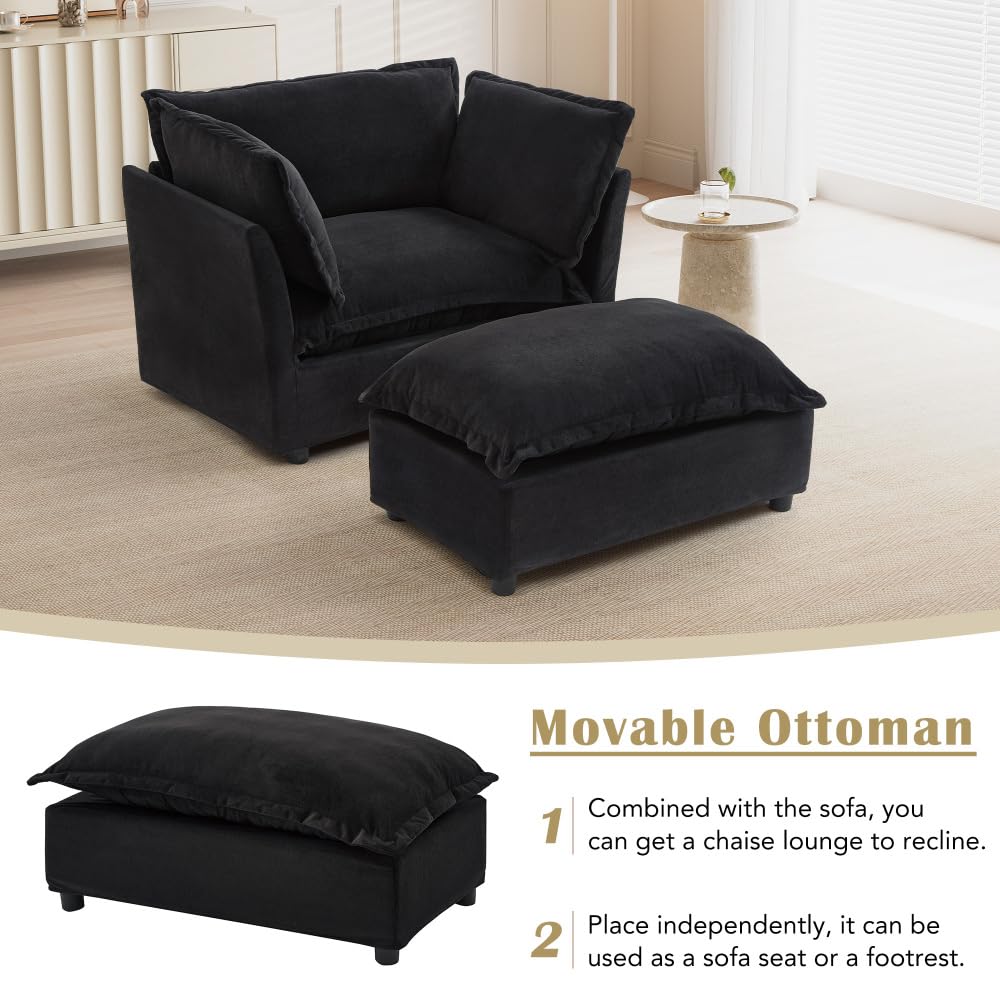 Asmeten Modern Armchair Sofa 47" Cozy Upholstered Sofa Chair with Movable Ottoman, Wide Seat, Curved Armrests and Soft Pillows for Living Room, Bedroom,Green (Black + Chenille + Foam + 2 Seat)