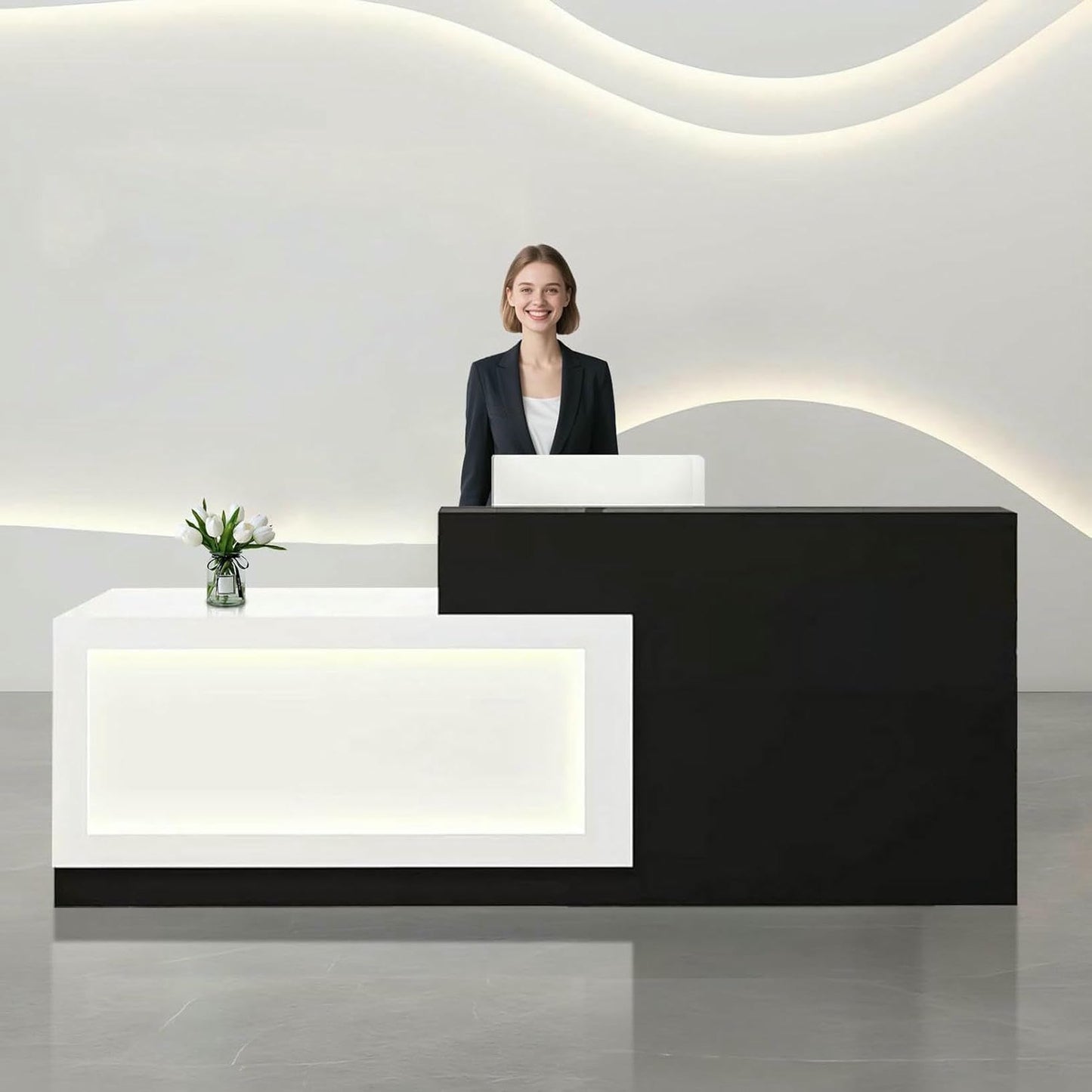 BTOIASYHF White and Black Reception Desk with LED Light 71inch/180cm Wooden Commercial Receptionists Desk Front Reception Counter Table Computer Workstation for Office Salon Checkout Left