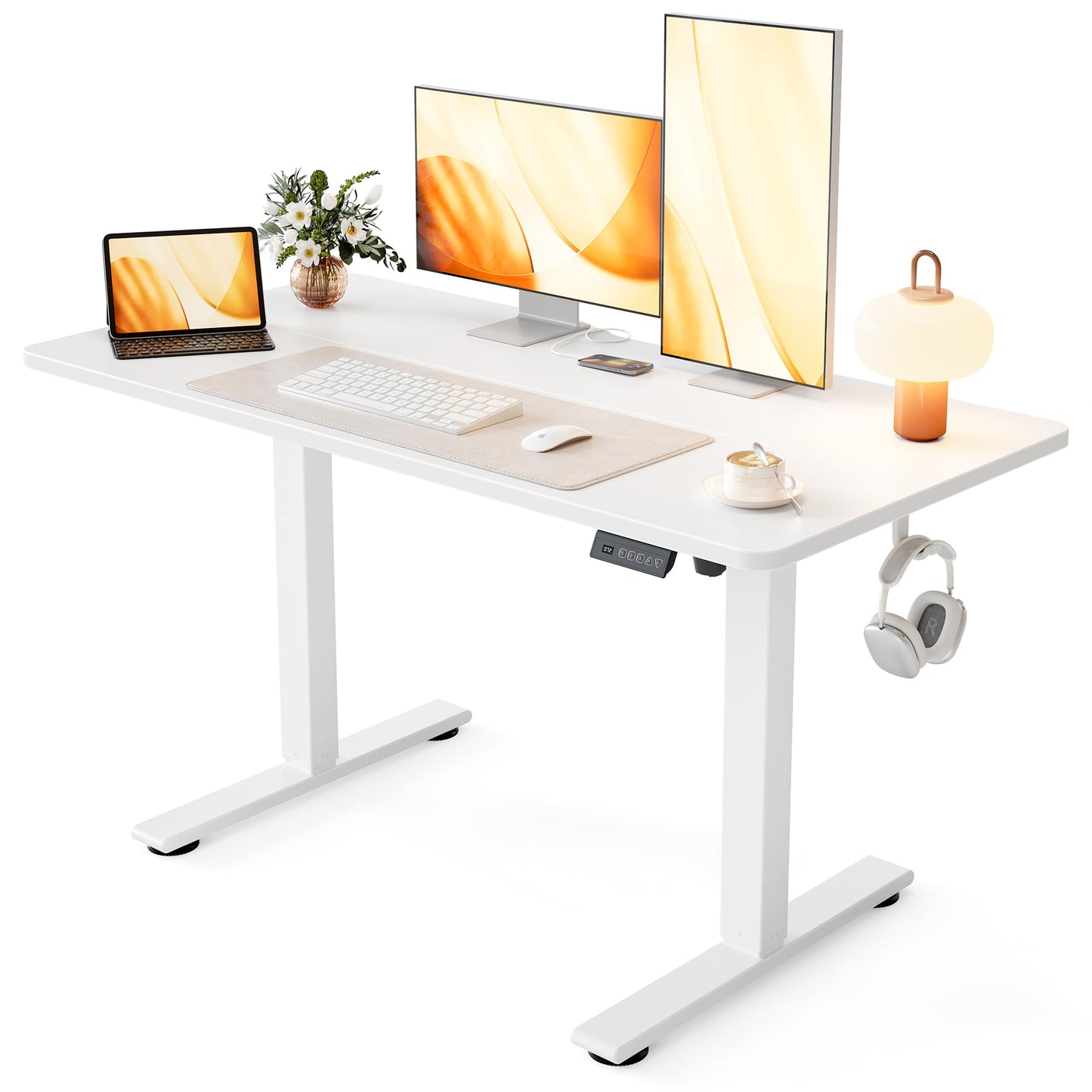 Cubiker Standing Desk, 48x24 Inches Sit Stand Home Office Desk, Electric Stand up Desk, Adjustable Desk with Splice Board, White Frame/White Top