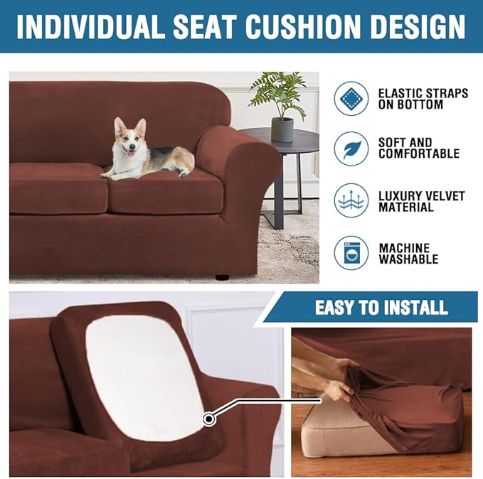 H.VERSAILTEX Modern Velvet Plush 4 Piece High Stretch Sofa Slipcover Furniture