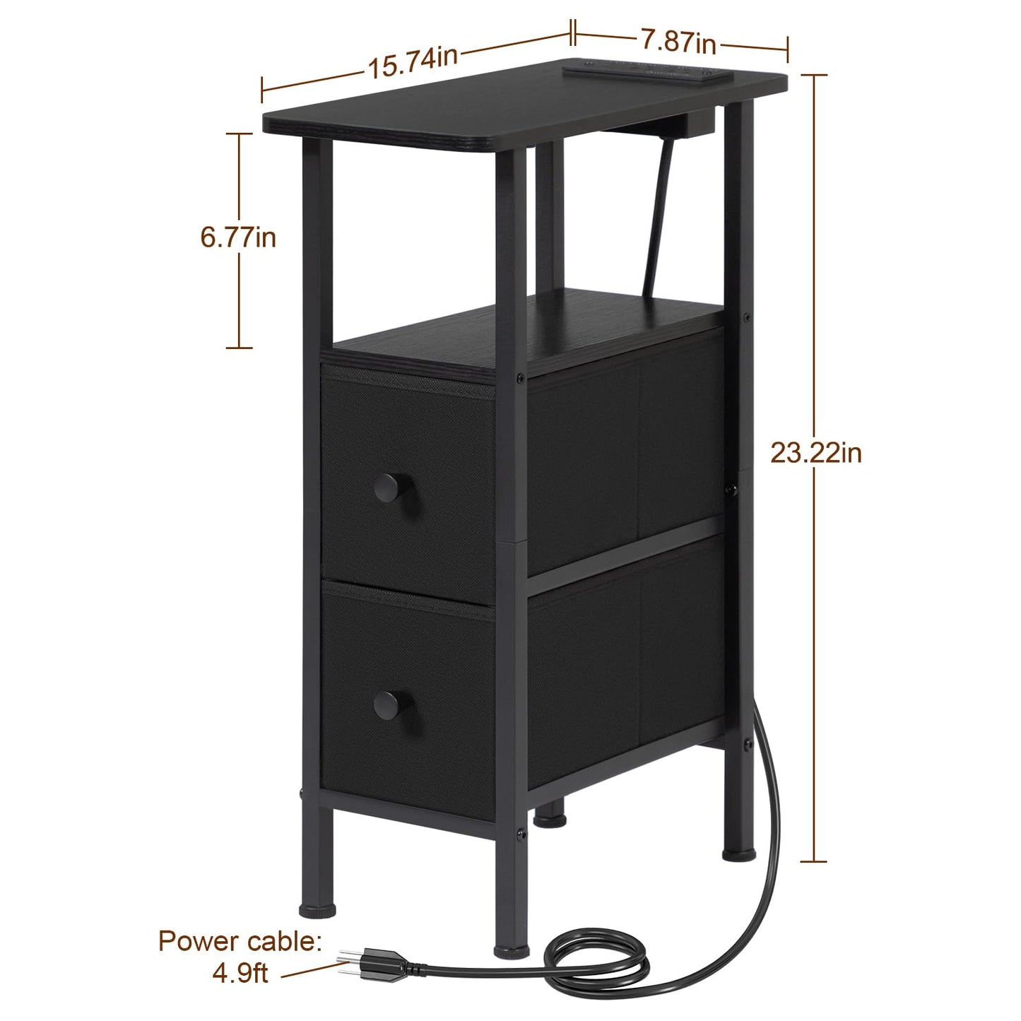 LOAKEKEL Narrow Nightstand with Charging Station, End Tables Living Room Set of 2, Skinny Side Table with Fabric Drawers, Slim Sofa Table for Bedroom, Small Spaces, Couch, Black, HETNDP02BK