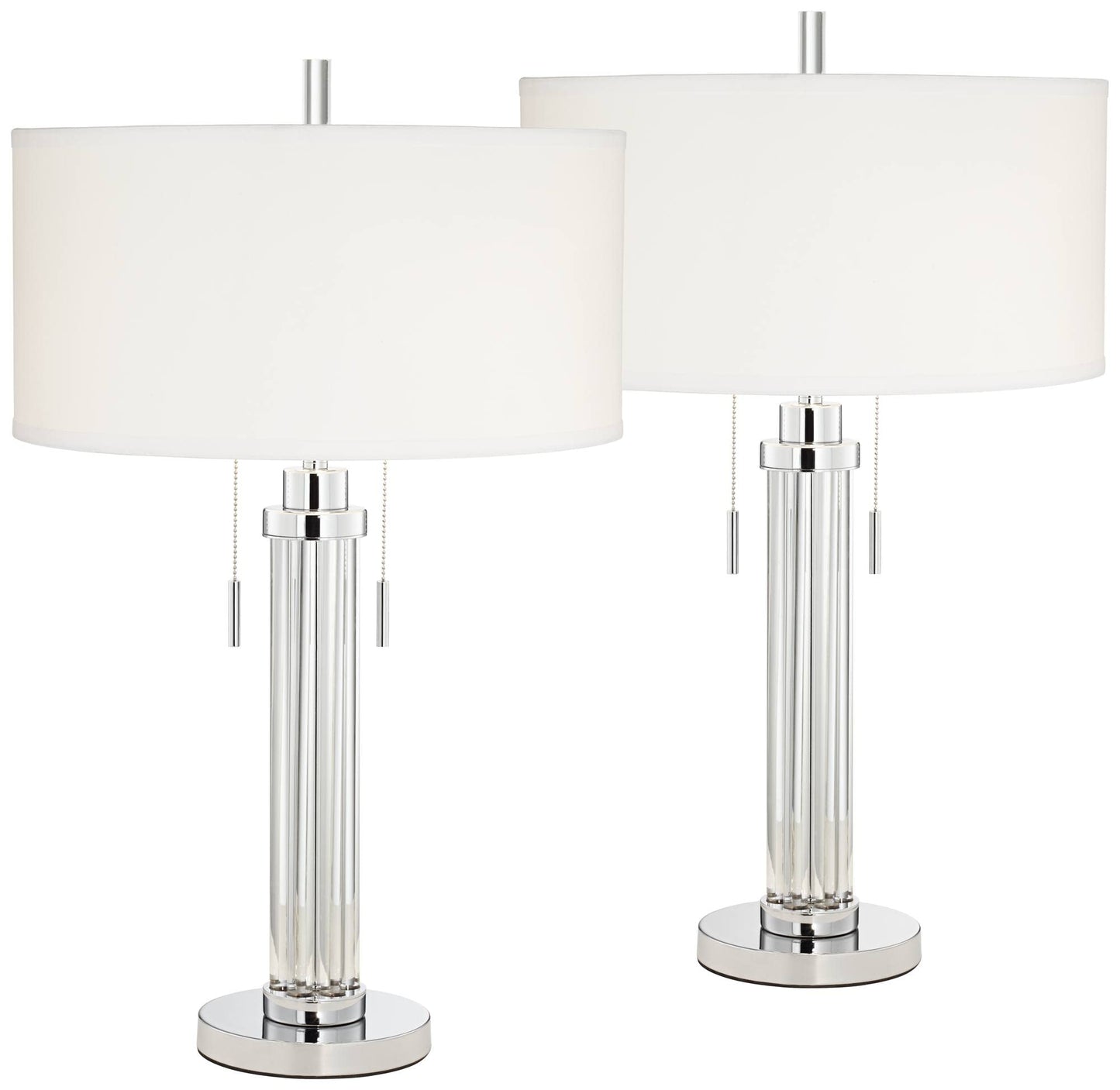 Possini Euro Design Cadence 30" Tall Glass Column Large Modern Glam End Table Lamps Set of 2 Pull Chain Clear Living Room Bedroom Bedside Nightstand House Office Home Reading Kitchen White Shade