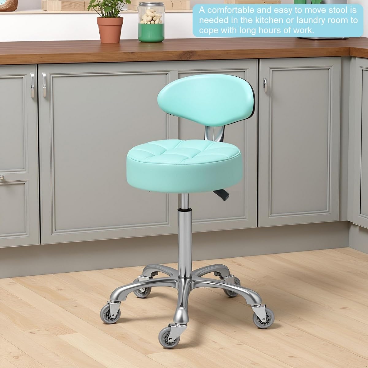 Kaleurrier Rolling Stool with Back Support: Adjustable Height 22-30 inches for Nail Lash Tech Stylist - Heavy Duty Stool Chair with Wheels for Salon Shop Office Kitchen Garage Workshop