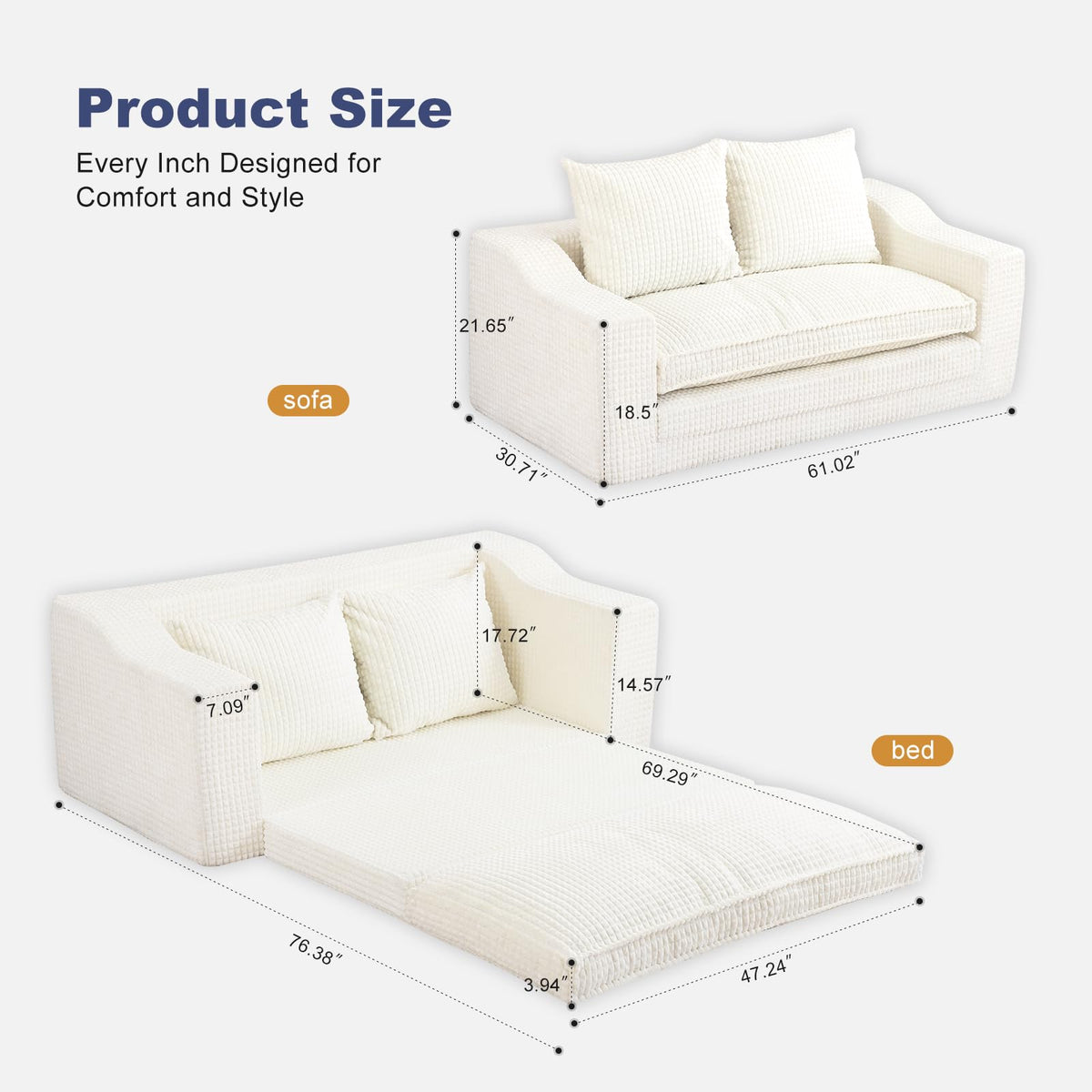 61" Convertible Sofa Bed Loveseat, Memory Foam Boneless Floor Couch with Removable Corduroy Cover, Tri-folding Compact Full-size Sleeper for Small Living Room, Playroom, Guest Room, RV (White)