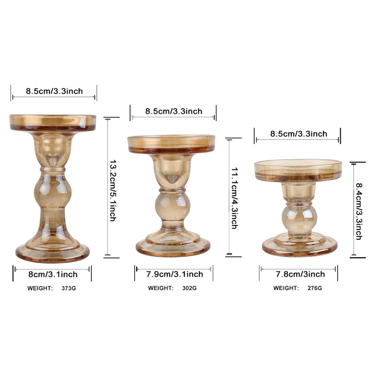 BTGLLAS 6-Piece Set of Amber Glass Candlestick, Crystal Candlestick Holder Holder and Conical Candle, Christmas Candle Holder Decoration, Family Living Room Wedding Candle Holder (Amber 2sets)