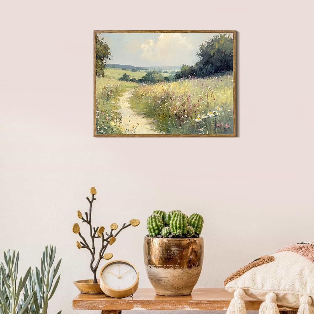 Framed Canvas Wall Art Prints Oil Painting Wildflower Aesthetic Room Decor Serene Country PathLandscape Abstract Poster Pictures Prints for Bathroom, Bedroom LivingRoom 8×10inch