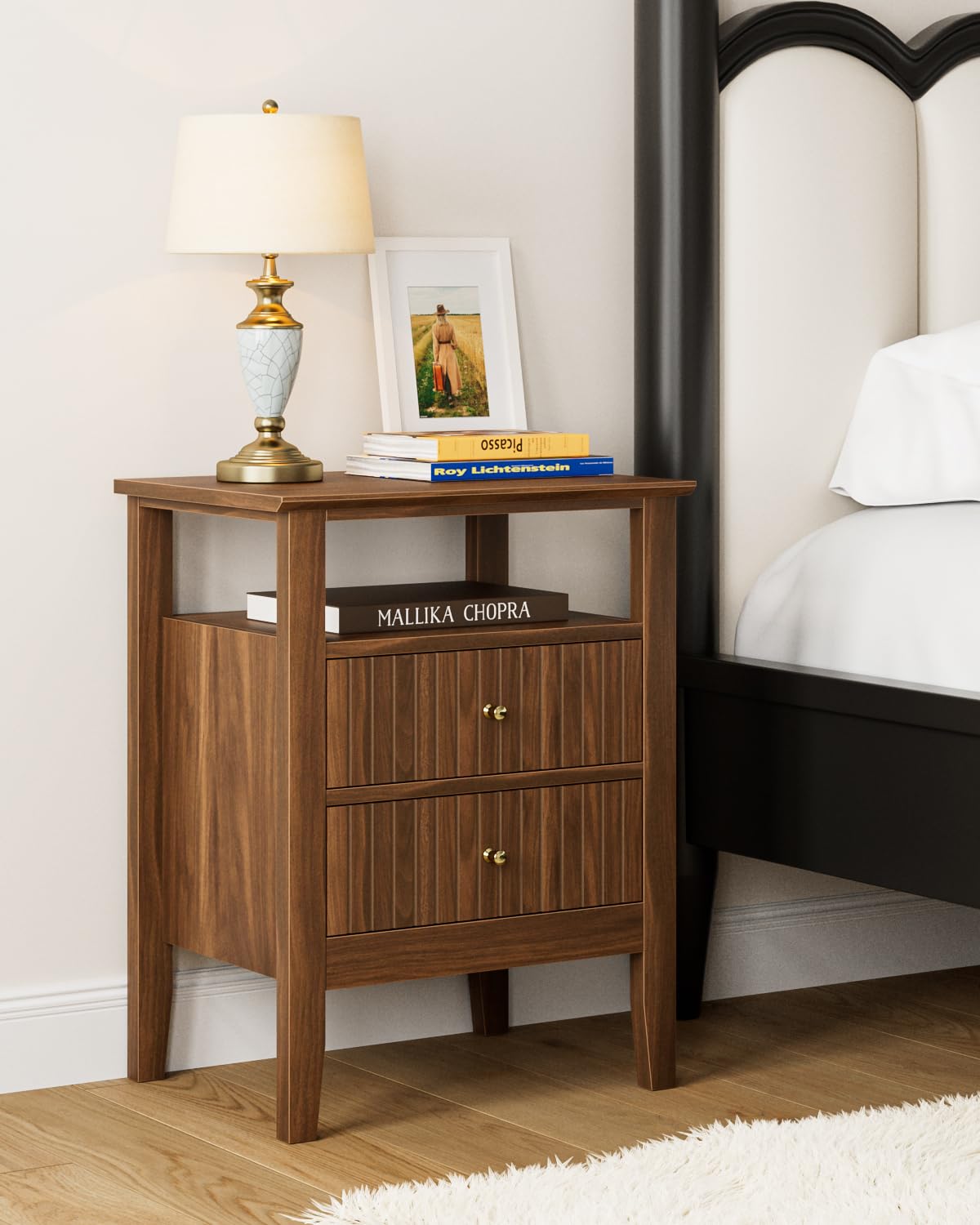 Apetaccat Fluted Nightstand, Farmhouse Night Stand with 2 Drawers, Mid Century Modern Side Accent Table,Bedside End Table for Bedroom, Living Room, Brown