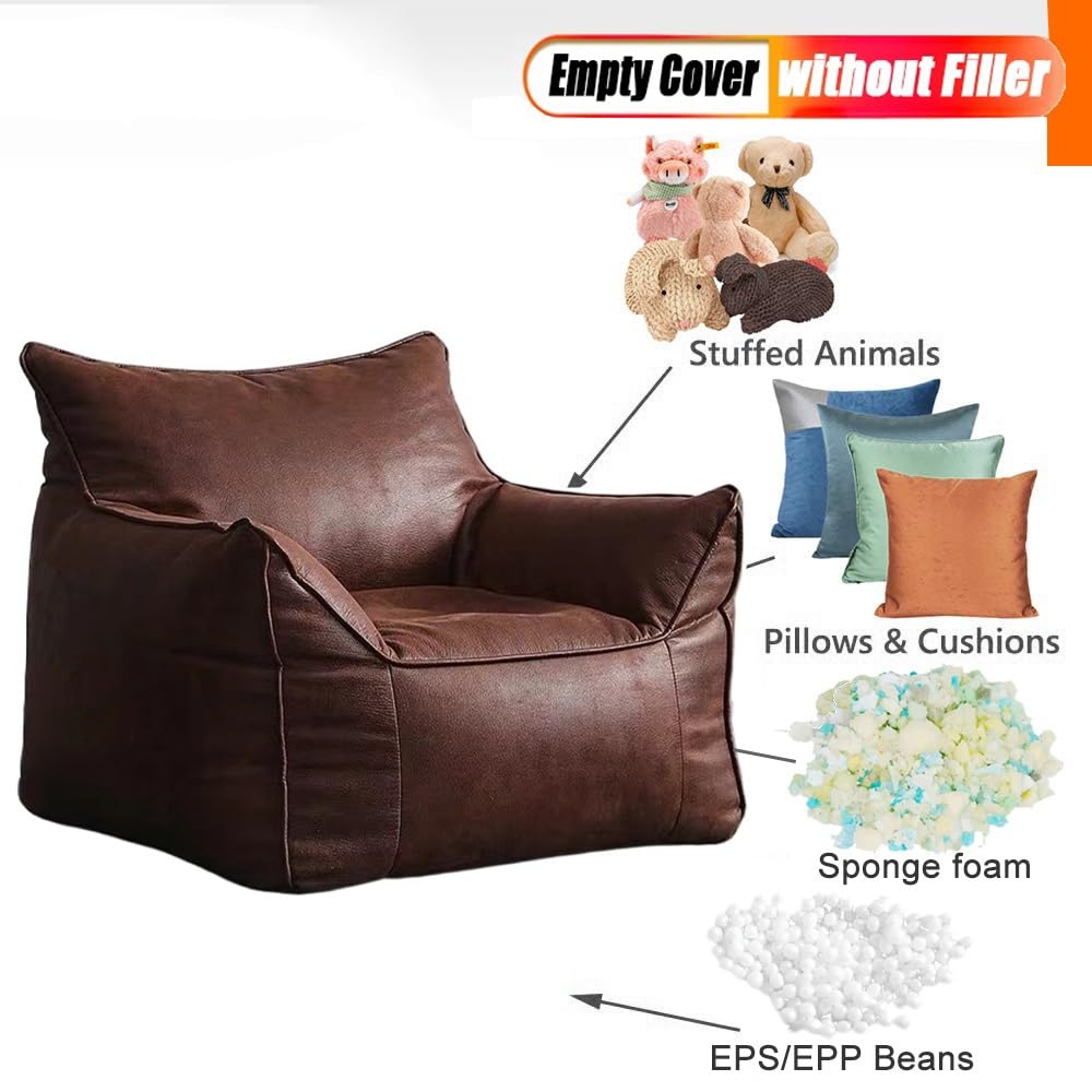 Bean Bag Chair Bean Bag Cover （No Filler） Luxury Single Lazy Sofa Cover PU Faux Suede Leather Bean Bag Pouf Chair for Bedroom Living Room Garden, Bean Bag Cover (Color : Retro Brown)