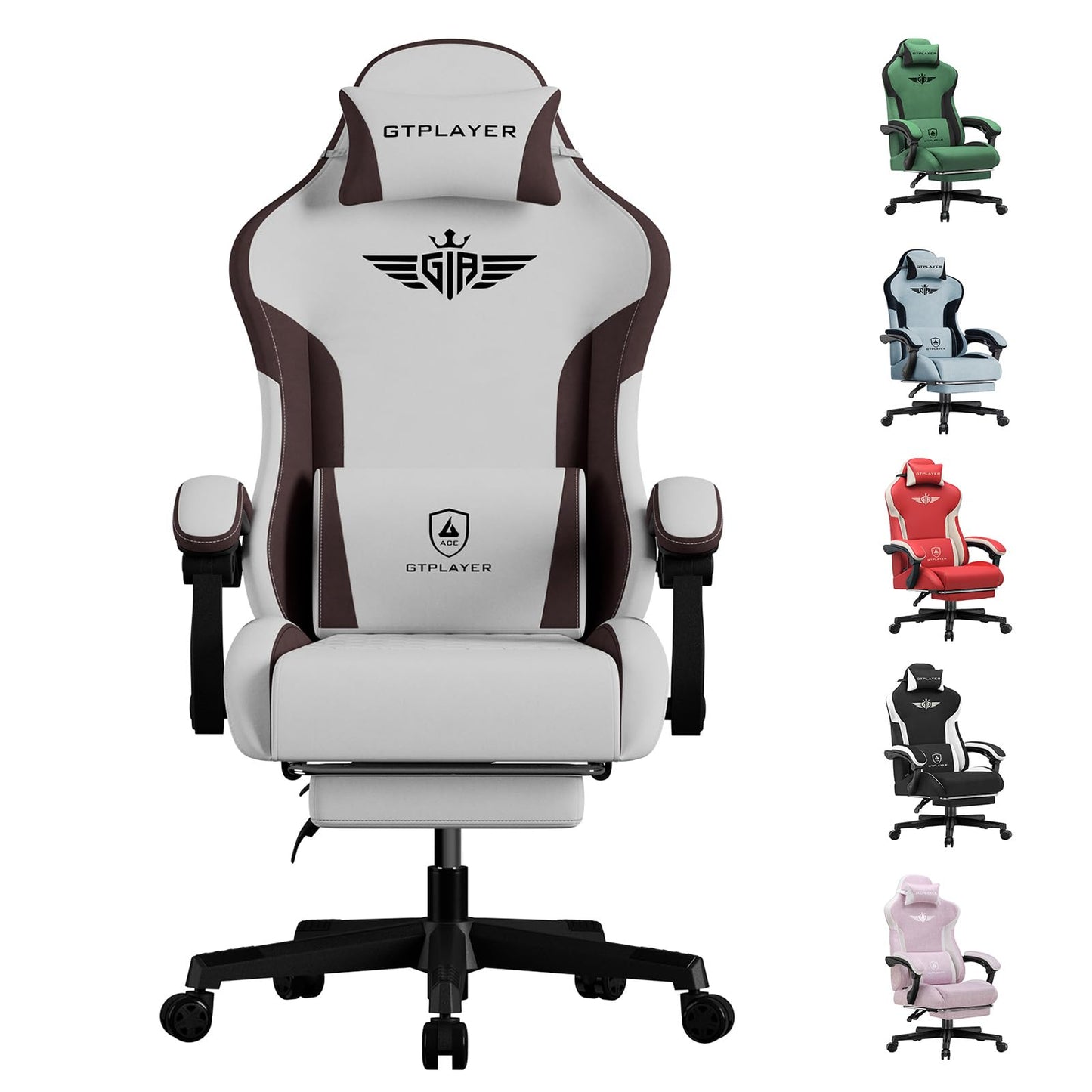 GTPLAYER Gaming Chair, Computer Office Chair Lumbar Support, Linkage Armrests and Footrest, Ergonomic Game Chair for Adults with Extended Backrest, Fabric, Brown