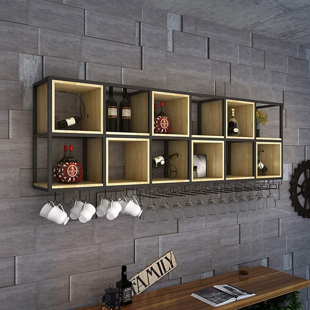 SBTXHJWCGLD Wall Mounted Wine Rack and Glass Holder, Iron Solid Wood Wine Storage Display Shelf, for Homes, Bars, Cafes, Hotels, Offices, and Various High-End Clubs (35.4X11.8X25.6 Inch)