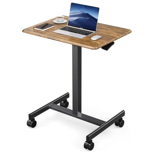 DUMOS Small Standing Desk Mobile Portable Rolling Laptop PC Table on Wheels Adjustable Height Computer Workstation for Home Office, 19 Inch, Modern Brown