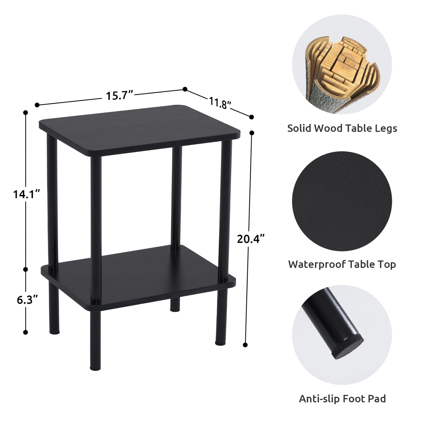 Apicizon 2 Tier End Table, Small Side Table with Solid Wood Legs, Boho Bedside Table with Storage Shelf, Nightstand for Small Spaces, Bedroom, Living Room, Entryway, Farmhouse, Easy Assembly, Black