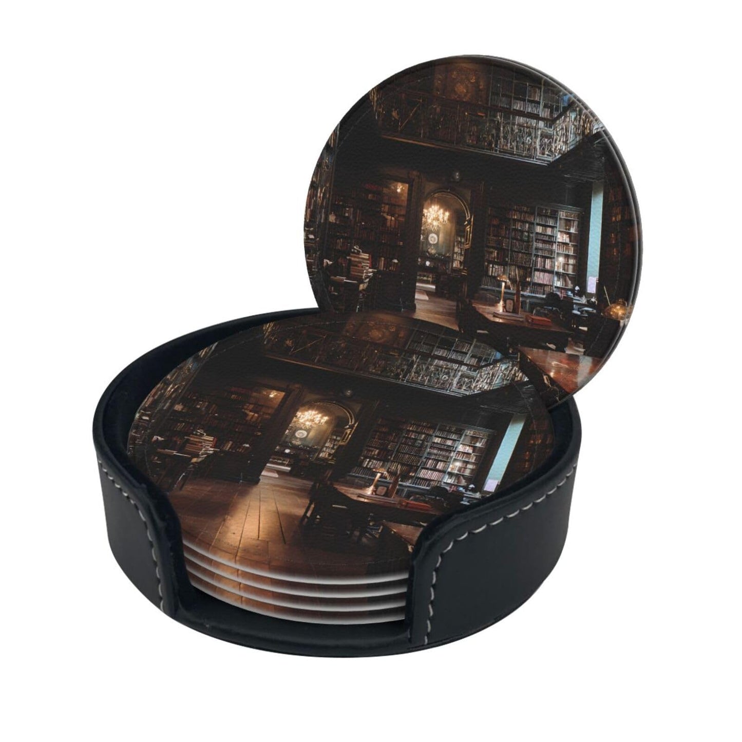 6 Pcs Tidy Library Round Coasters Set Durable Versatile with A Portable Storage Box for Home Décor