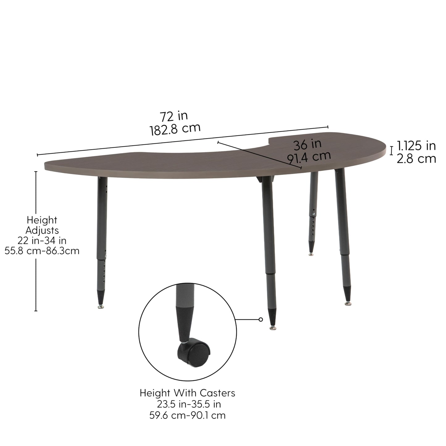 Adapte Commercial Classroom Activity Table - 36" x 72" Half Moon, ADA Compliant Tapered Legs with Glides & Casters, Adjustable Height 22-34" Wheelchair Accessible, School & Office Furniture