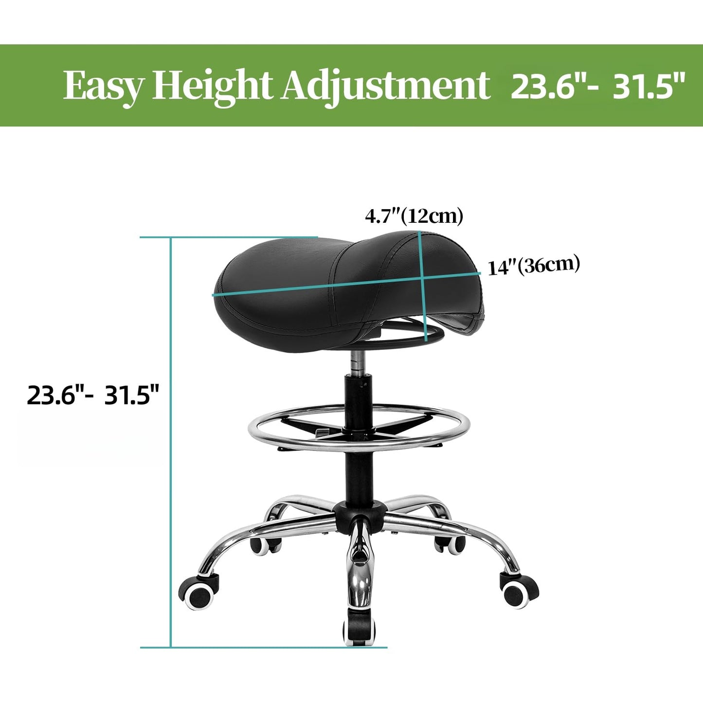 Ergonomic Salon Stool, Black Rolling Saddle Chair with Footrest, Height Adjustable Swivel Seat with Wheels for Hairdresser, Barber, Tattoo Artist, Spa