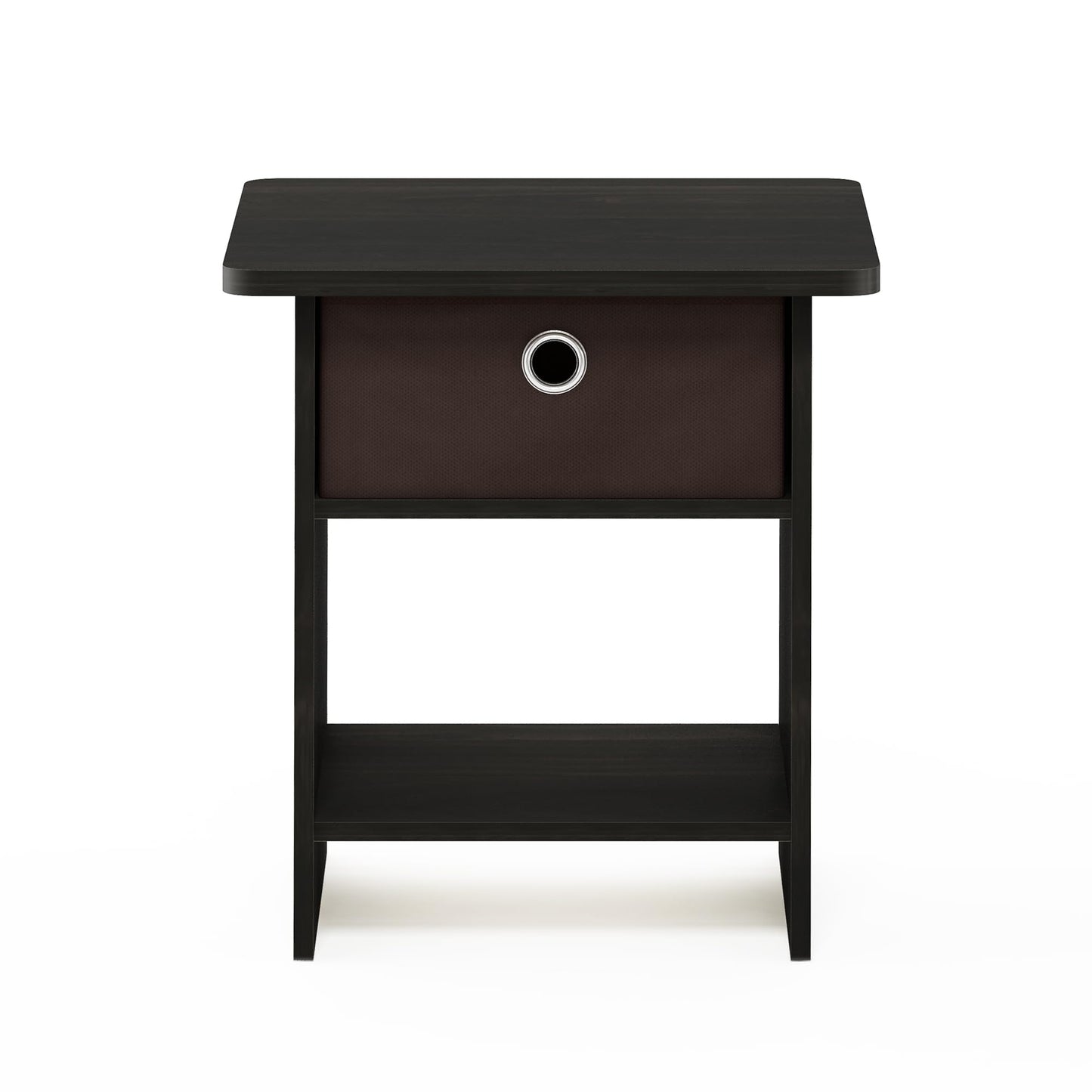 Furinno DARIO Side Table, Square End Table with Storage Bin, Round Corner Night Stand, Bedside Table with Open Back Shelf, for Living Room, Bedroom, Espresso