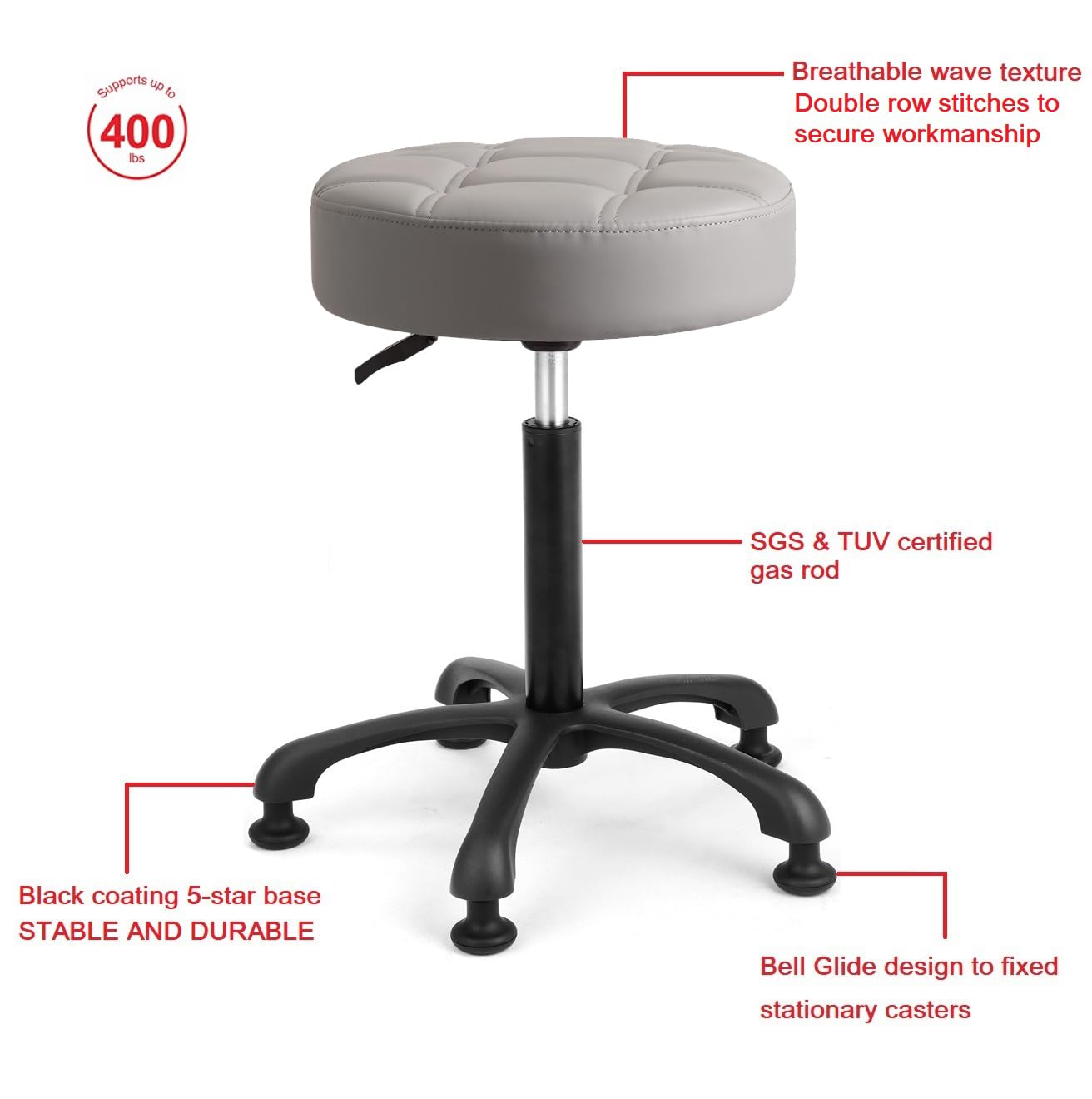 McDooFly Height Adjustable Heavy Duty Stools Salon Stool Chair with Bell Glides for Home Bar Kitchen Office Shop Tattoo Lash Tech Pedicure (Grey with Bell Glides, Height 22 to 30 in)