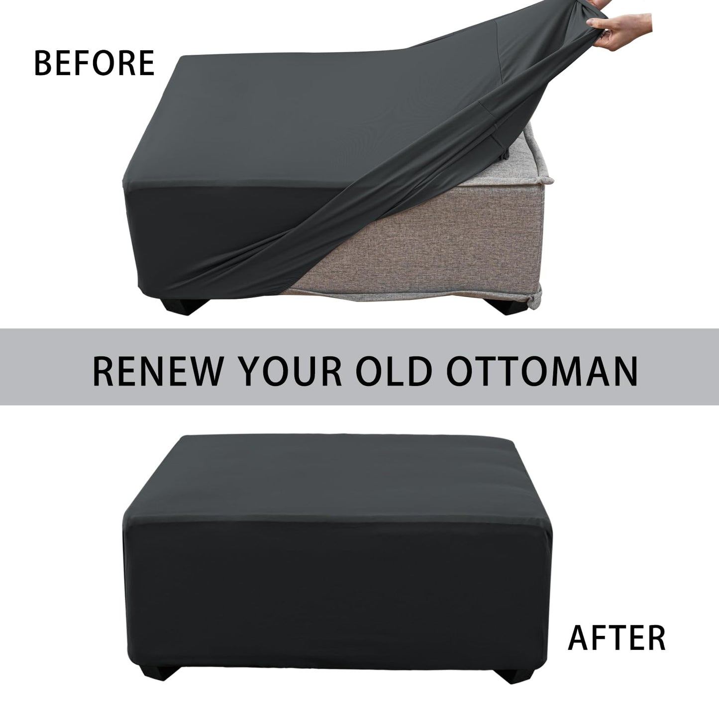 UOIJAY Super Stretch Ottoman Cover- Soft Form Fit Ottoman Cover Rectangular Ottoman Slipcovers for Folding Storage Furniture, Footstool Cover with Nonslip Elastic Bottom (Large, Dark Gray)