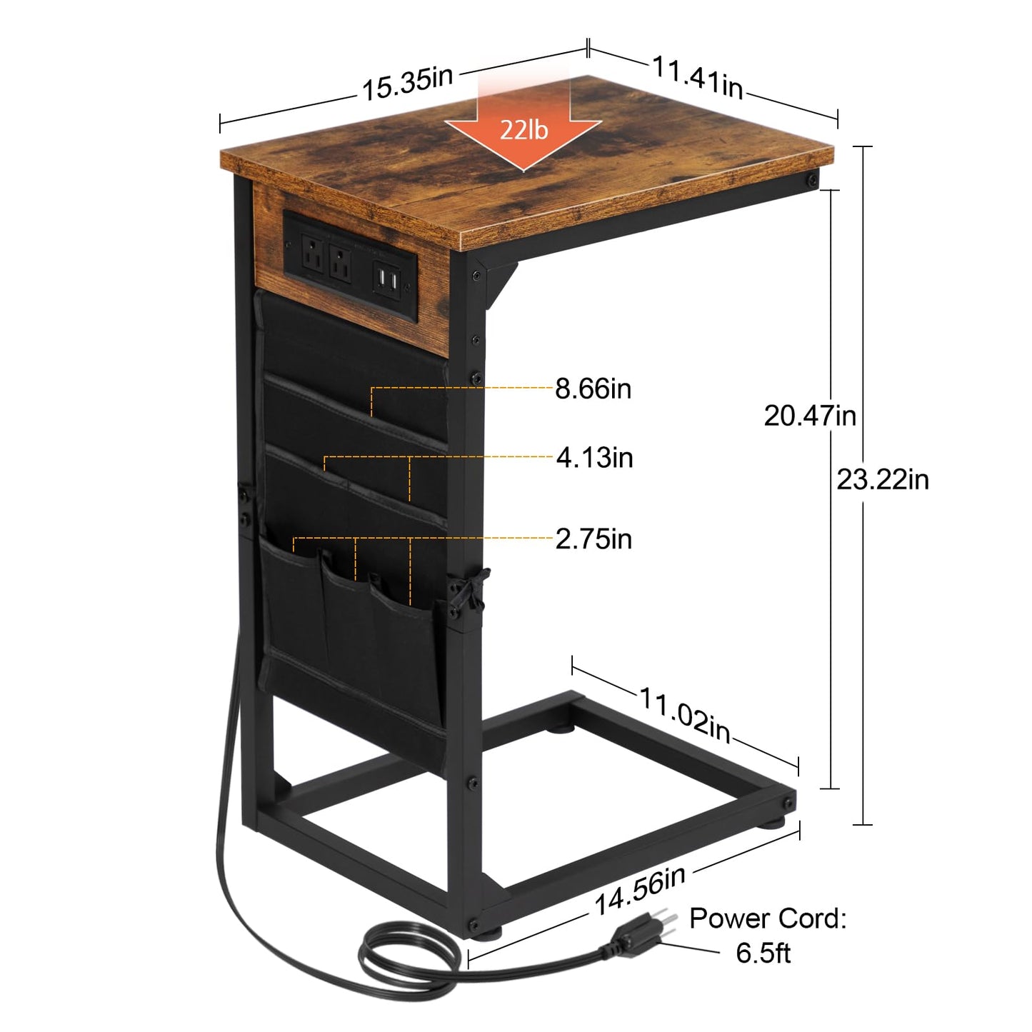 AMHANCIBLE C Shaped End Table with Charging Station, TV Tray Couch Tables with Storage Bag, Slide Under Sofa Side Side Table with USB Ports and Outlets for Living Room, Rustic Brown, HET04CBR-1