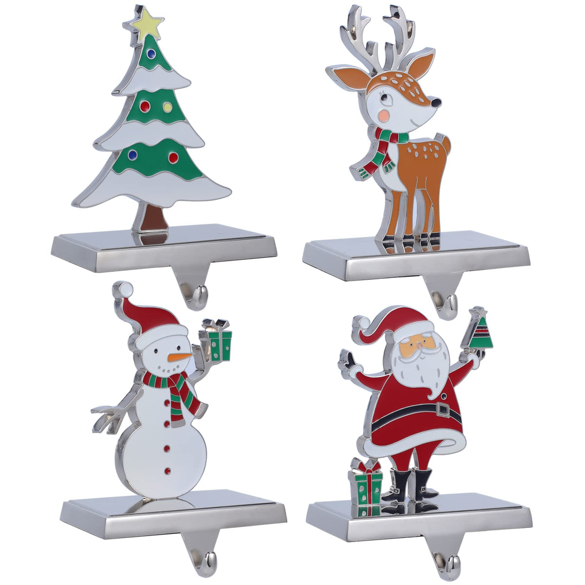 Baseo Christmas Stocking Holders Set of 4 Metal Christmas Stocking Holders for Fireplace-Xmas Deer Snowman Tree Santa Christmas Stocking Holder for Mantle-Stocking Hangers for Fireplace Topper