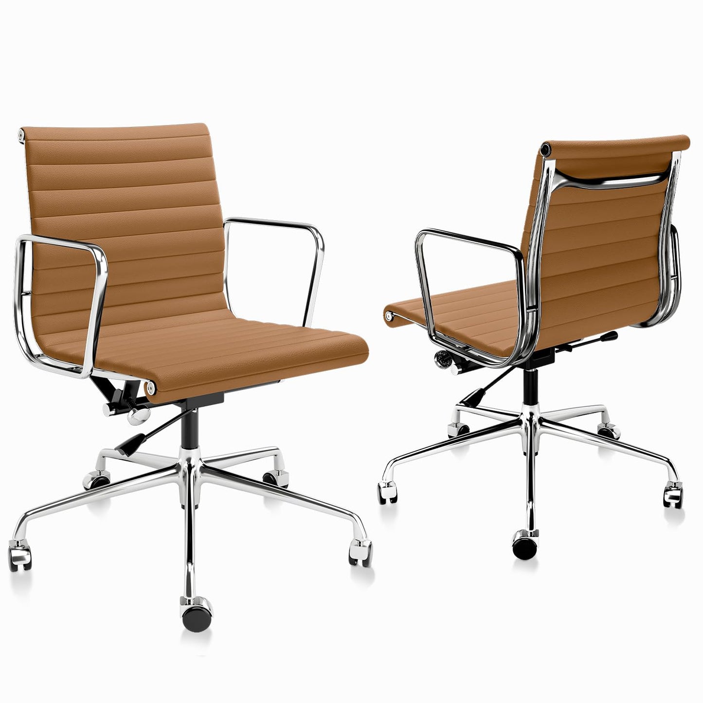 OTDMEL Ribbed Office Chair with Top Grain Leather - Mid Back Ergonomic Desk Chair with Aluminum Arms & Frame, Swivel Wheels & Tilt Function, Adjustable Height Light Brown, Mid-Back