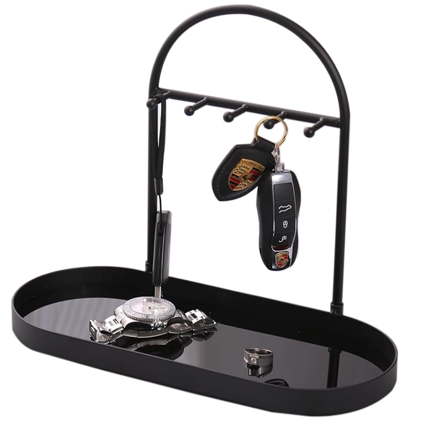 Shinpuru Metal Jewelry Organizer Stand & Key Holder Tray with Acrylic Base, Key Stand and Jewelry Tray with 5 Hooks, Perfect Bowl, Valet, Key Tray, Ring Holder, Jewelry Dish(Matt Black)