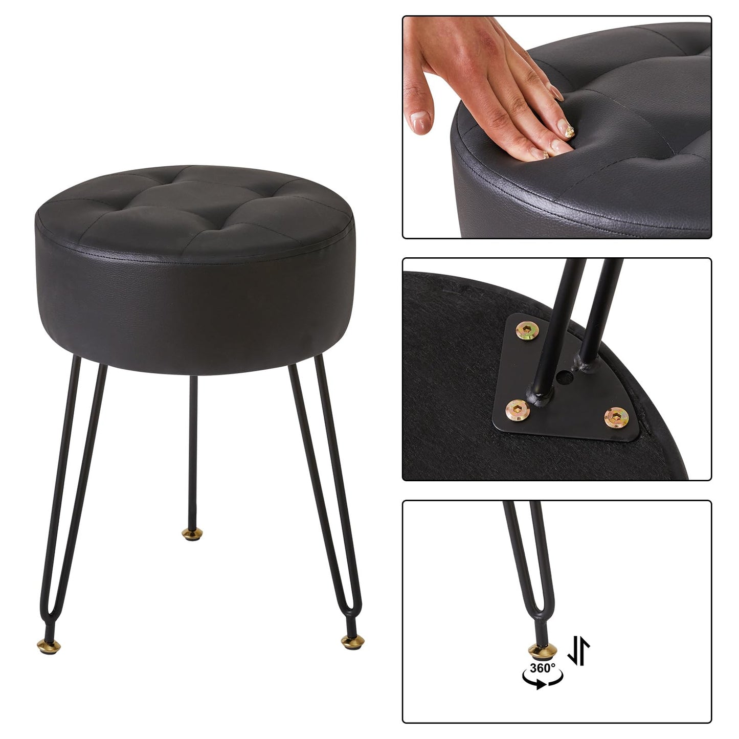 IBUYKE Faux Leather Round Footrest Stool, Makeup Vanity Stool Side Table, PU Dressing Table Seat, Pouf Couch Stool, Golden Steel Legs, Black LG-31B