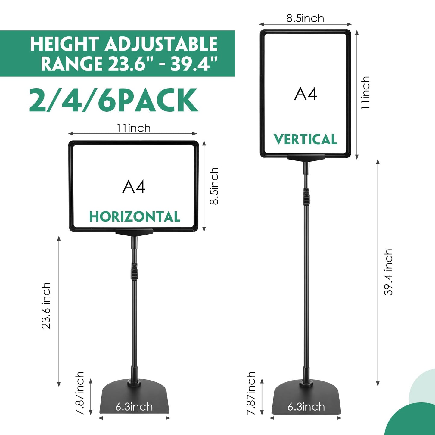 Jutom 6 Pack Adjustable Pedestal Stand Holder 8.5 x 11 Inch Heavy Duty Aluminum Sign Holder Vertical and Horizontal Sign Poster Stands Floor Standing Display for Advertisement Menu Display(Black)