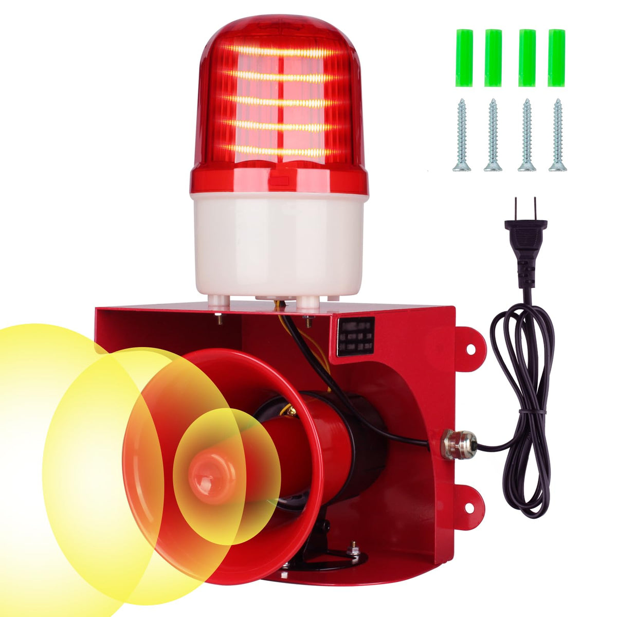kbaoele AC110V Industrial Siren Alarm Strobe Light-120dB Loud Horn&Red Beacon Warning Light,Waterproof Indoor/Outdoor Safety Alarm for Emergency,Factory,Office,Fires,Tornado,Intruders,Animal Deterrent