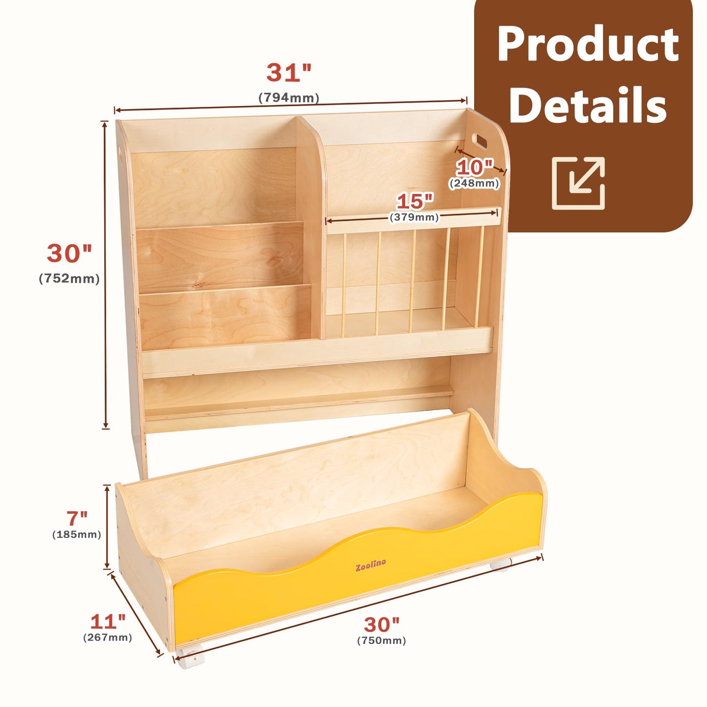Zoolino 3-in-1 Kids Bookshelf and Toy Storage Organizer, Wooden Book Shelf for Kids Rooms with Large Stuffed Animal Storage & Removable Bins, Space-Saving Nursery Furniture for Toddlers, Natural