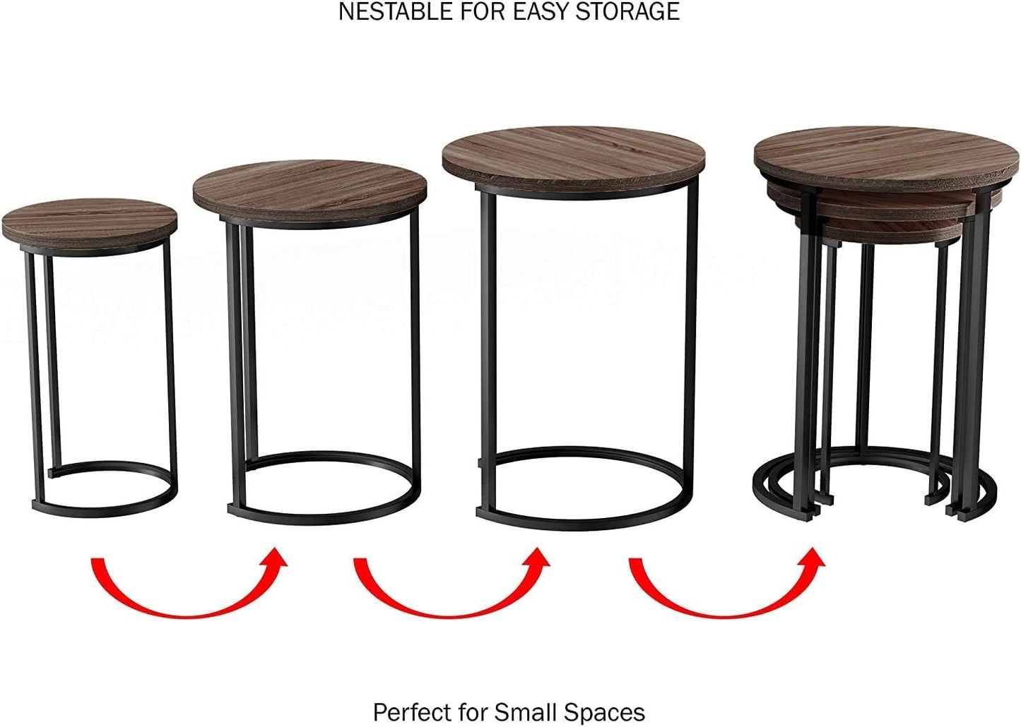 HYGRAD BUILT TO SURVIVE Set of 3 Round Wooden/Steel Nesting Side Stacking Sofa Side Coffee Tables, Small Space Coffee Tea Table for Hallway Living Room Bedroom, Home, Office (Brown/Black)