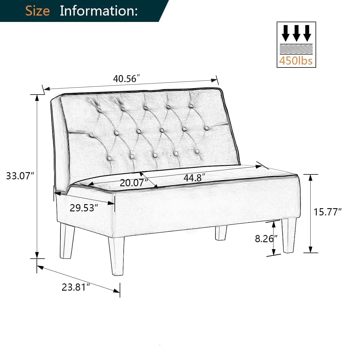 Alunaune Upholstered Loveseat Couch for Living Room, Armless Bedroom Settee Small Love Seat Sofa Tufted Button Dining Room Bench - Dark Grey