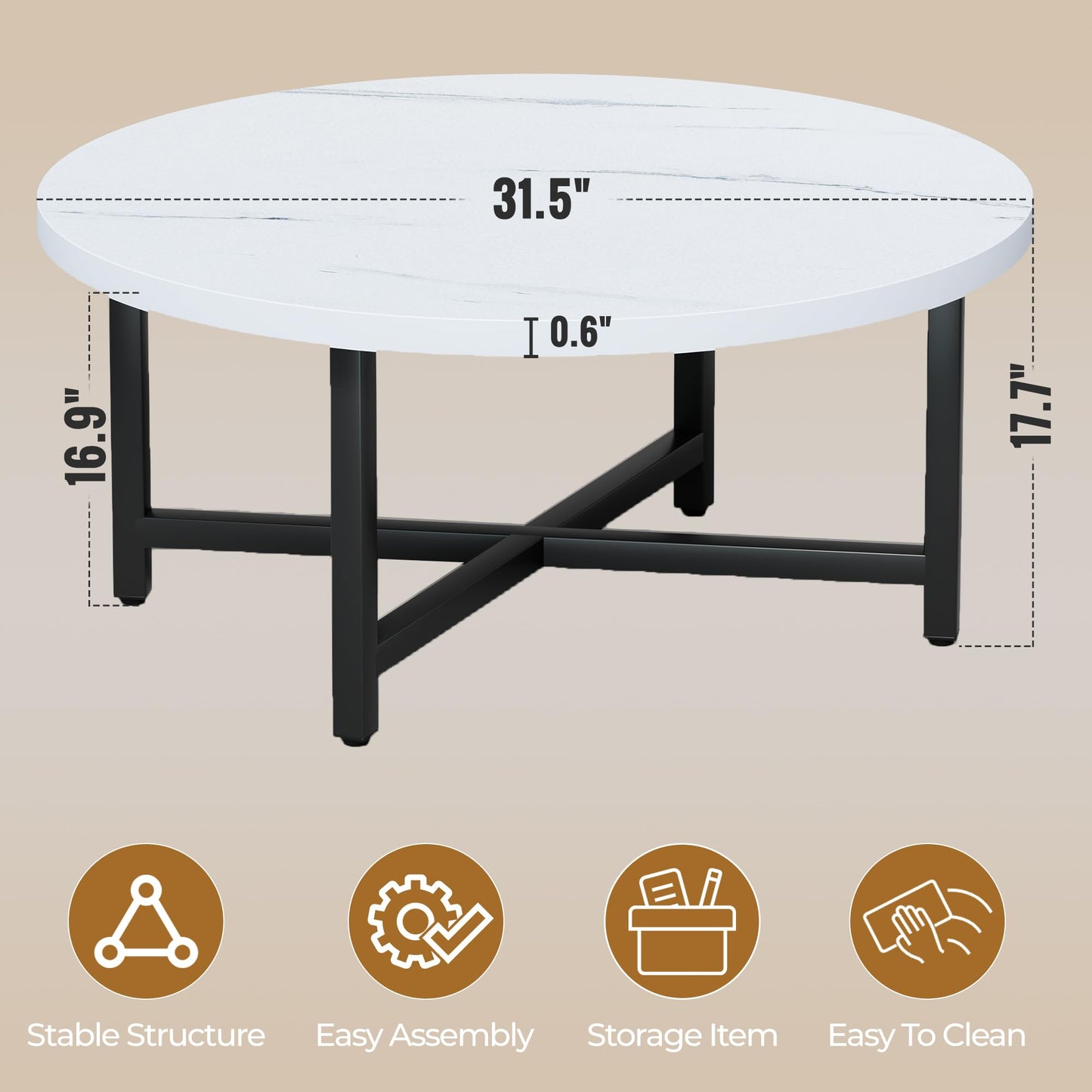 FURMORENE Coffee Table, 31.5" Large Coffee Tables, White Round Coffee Tables for Living Room, Floor Table for Sitting on The Floor, Center Coffee Table with Metal Frame for Office Apartment Home