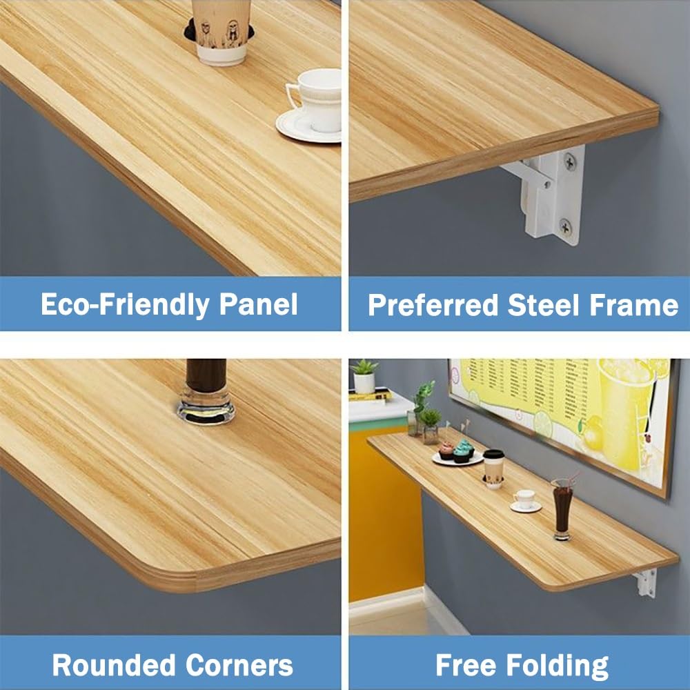 GHHDPXM Wall Mounted Folding Table 32" x 16" - Space-Saving Laundry & Computer Desk with Collapsible Shelf Brackets, Teak Finish, Ideal for Small Spaces (70x30cm/28x12in)