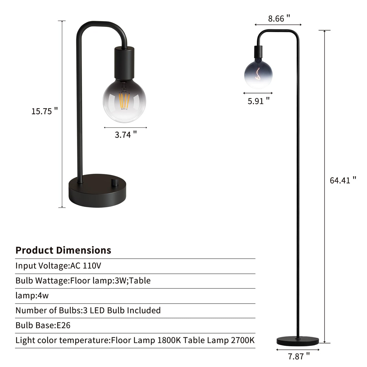 ONEWISH Industrial Lamp Set 3 Piece-1 Floor Lamp and 2 Dimmable Table Lamp- 3 Pack Modern Matching Floor and Table Lamp with Gradient Black Globe Bulb for Living Room,Bedroom(Bulb Included)